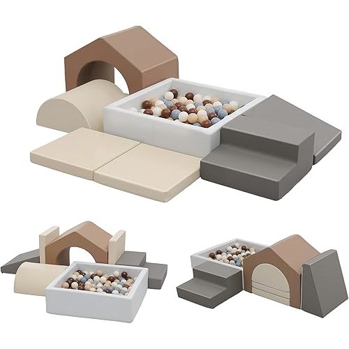 JungleDove 7Pcs Climbing Toys for Toddlers: with a Square Ball Pit for Toddlers - PU Leather Foam Climbing Blocks - Indoor Soft Play Set with Slide and Stair（NO Balls）