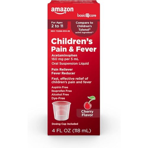 Amazon Basic Care Children's Pain Reliever & Fever Reducer, Acetaminophen 160 mg per 5 mL Oral Suspension Liquid, Dye-Free Cherry Flavor, 4 fl oz (Pack of 1)
