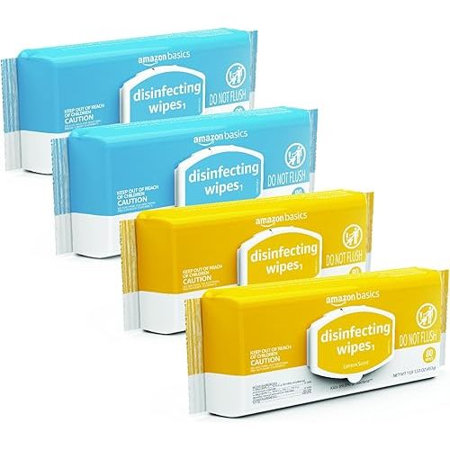 Amazon Basics Disinfecting Wipes, Lemon & Fresh Air Scent, Multi-Surface, Sanitizes/Cleans/Disinfects/Deodorizes, Strong & Convenient, 320 Count (4 Packs of 80)