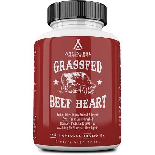 Ancestral Supplements Grass Fed Beef Heart Supplement, 3300mg, CoQ10 Supplement with Grass Fed Beef Liver, Supports Energy, Immune, Heart and Mitochondrial Health, Non GMO, 180 Capsules