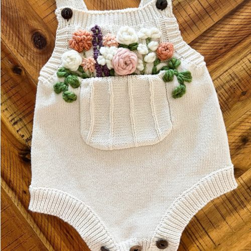 Custom Hand Embroidered Pocket of Flowers Knit Romper, Custom Romper, pocket Romper, wild one, Milestone, children’s clothes, gift, summer