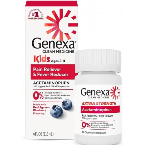 Genexa Kids & Adults Clean Acetaminophen Combo | Family Pain & Fever Bundle | Dye Free, 0% Artificial Additives | Vegan & Non-GMO | Medicine Made Clean | Ages 2-11, 12+ (2 Pack)