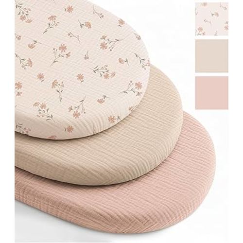 Niceye Muslin Baby Bassinet Sheets 3-Pack 100% Cotton Sleeper Bassinet Fitted Sheets for Oval & Hourglass Mattresses, Unisex for Baby Girl/Boy(Pink)