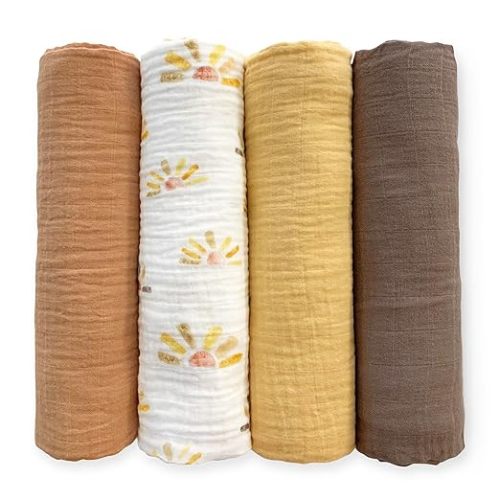 SwaddleDesigns Cotton Muslin Swaddle Blankets, Set of 4, Receiving Blanket for Newborn Boys & Girls, Baby Registry & Gift, 46x46 inches, Watercolor Sunny Days - Butterum Sunny Days