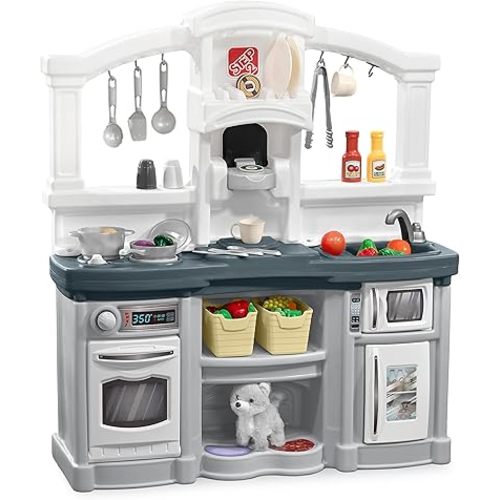Step2 Fun with Friends Kids Kitchen Playset, Indoor/Outdoor Kitchenette, Interactive Play with Lights and Sounds, Durable Plastic, Includes 25 Piece Toy Accessories, Toddlers 2+ Years Old, Gray