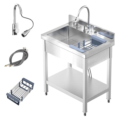 28" Commercial Stainless Steel Utility Sink, Single Bowl Freestanding Kitchen Sink with Hot & Cold Water Faucet, Drain Kit & Hoses for Restaurant, Laundry Room, Garage