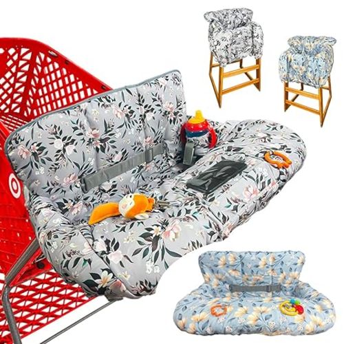 Shopping Cart Cover for Baby, Waterproof Grocery Cart & High Chair Cover | 2-in-1, Soft Padded, Double-sided, Machine Washable, Universal Fit, Patented Safety Belt, Foldable, Full Coverage