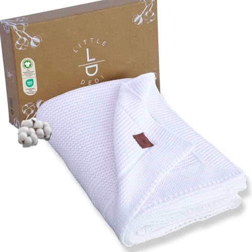 Little Dedi 100% Organic Cotton Baby Knitted Blanket with Gift Box - Soft Toddler, Crib, Stroller Blanket - Neutral Swaddle and Receiving Blanket for Newborns, 30"x40", White
