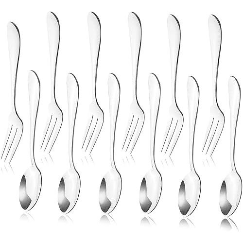 12pcs Stainless Steel Tea Dinner Server Spoon and Cake Fruit Forks Kitchen Accessory Wedding Party for Dessert, Salad, Appetizer, Cocktail(6 Forks + 6 Spoons)