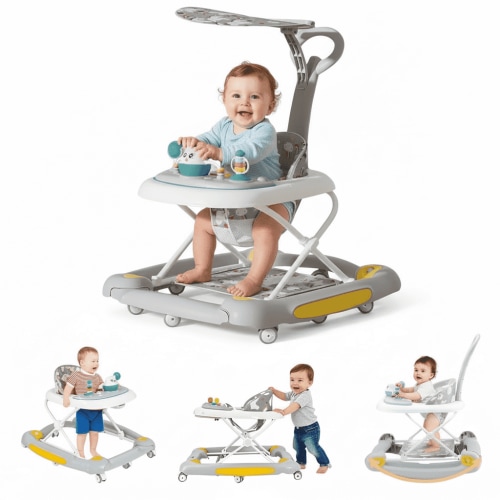 StarZe 6-in-1 Baby Walkers, Height Adjustable with Music and Lights, Foldable Push Walker for Boys and Girls 6-24 Months,Gray