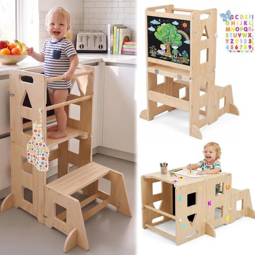4-in-1 Toddler Kitchen Step Stool, Stable & Safer Foldable Toddler Tower, Standing Tower with Blackboard + Sticker, Smooth Natural Wood Kitchen Stool Helper for Kids, 1-3 Year Old Boy Girl Gifts