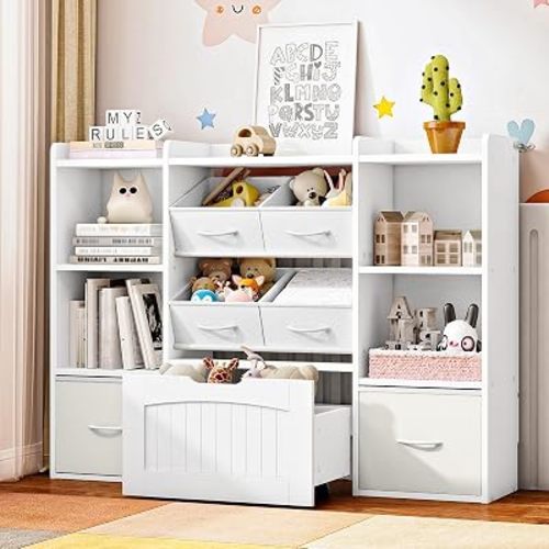 CHOEZON 47.2'' Kids Bookshelf with Toy Storage, Multi-Functional Book Shelf for Kids Rooms, Wooden Toy Organizer with Sliding Drawer and Fabric Bins, Storage for Books and Toys, White MCW22WB