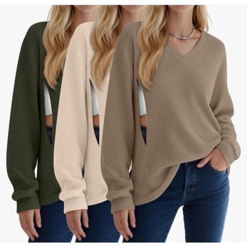 3 Pack Women's Oversized Nursing Tops Waffle Knit V Neck Breastfeeding Long Sleeve Shirts Hidden Zipper Sweatshirt