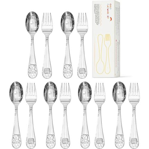 Toddler Utensils Set, 12-Piece Small Forks & Spoons, 18/10 Stainless Steel, Ergonomic Self-Feeding Children’s Flatware for Home & Preschool, Honey Bear Print