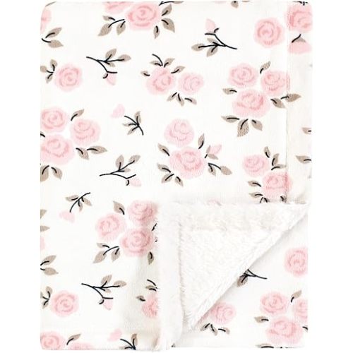 Hudson Baby Infant Girl Plush Blanket with Furry Binding and Back, Neutral Pink Floral, One Size