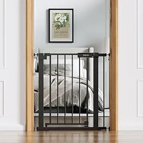 Babelio Baby Gate for Doorways and Stairs, 26-31" Pet Gate with Wide Walk Thru Door and Lock Indicator, No Drill Pressure Mounted Safety Gate with Double Lock and Self-Closing, Black