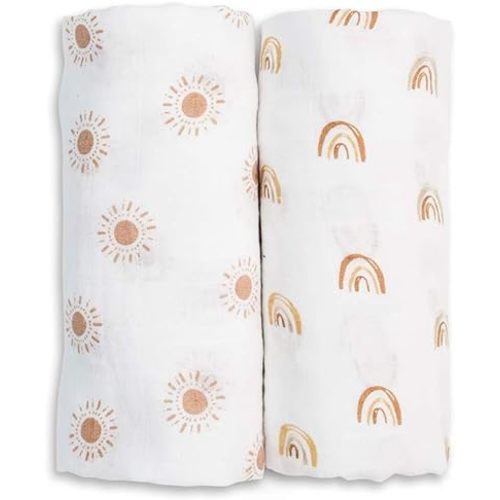 lulujo Boho Swaddle Set, Cotton Muslin Blankets, 2 Pack (Rainbows & Suns)