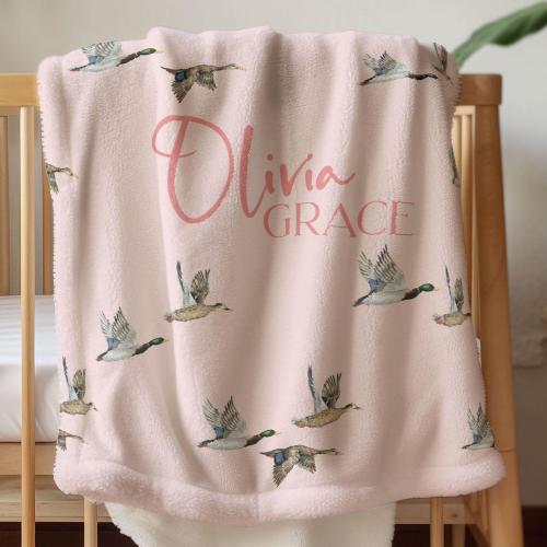 Personalized Mallard Duck Baby Blanket Girl Duck Hunting Theme Nursery Bedding Pink Duck Baby Shower Gift Custom Name Blanket Toddler Girl