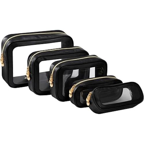 5PCS Diaper Bag Organizer Pouch Set，Clear Organizer Bags,TSA Approved Toiletry Bag,Clear Waterproof Cosmetic Bags with Zipper,Purse Organizer Pouches,Travel Organizer Bags for Woman and Kids,Black
