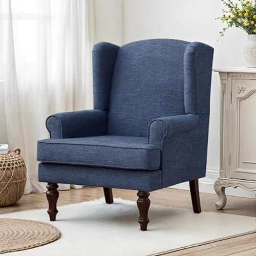 High Back Wingback Accent Chair, Upholstered Single Armchair Sofa with Solid Wood Legs, Comfy Leisure Lounge Chair for Living Room, Bedroom, Home Office (1, Blue)