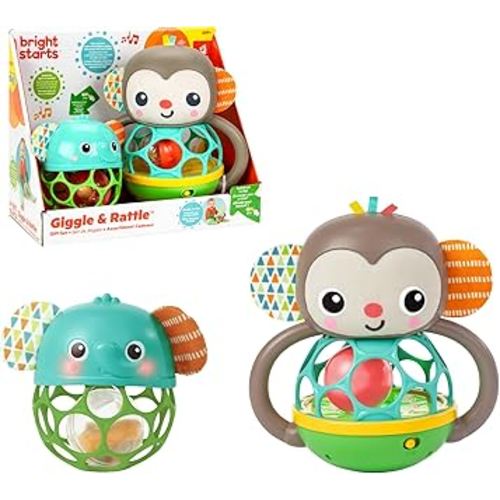 Bright Starts Giggle & Rattle Gift Set - Musical & Sensory Baby Toys 2-Pack, Elephant & Monkey, Unisex, Newborn+