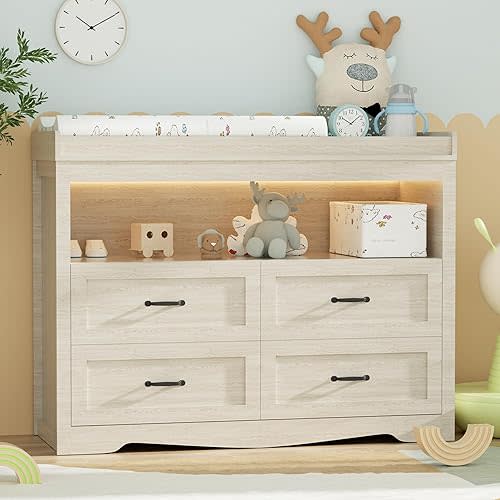 Baby Changing Table with Changing Table Top for Infants Nursery Dresser Chest with 4 Drawers Storage Changing Station Dresser with LED Light Diaper Changing Station Nursery Organizer,Beige