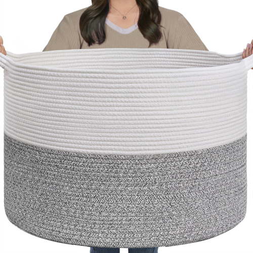 Timeyard Large Woven Laundry Hamper Basket - Decorative Storage Organizer for Living Room, Holds Toys Pillows Blankets Clothes - 21.7" x 21.7" x 13.8"-Light Grey