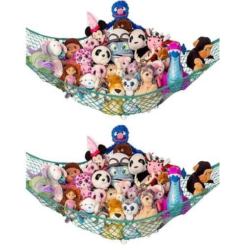 Lilly's Love Stuffed Animal Hammock | Corner Hanging Organizer, Toy Storage, Stuffed Animal Storage Net | Made from Quality Fishing Net, Holds 12lbs | 67"x47"x47" (Green, 2 Pack)