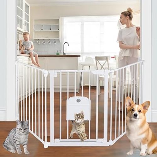 81.11" Extra Wide Baby Gate with Cat Door, Auto Close Pet Gates Dog Gate, Hardware Mounted Walk Through Swing Safety Baby Gates for Stairs, Doorways, Kitchen, House, 30" Tall, 3 Panels