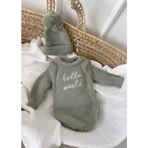 Hello World Knitted Baby Romper & Hat Set Newborn Knitted outfit Baby Shower Gift Bodysuit Coming Home Outfit baby announcement photo