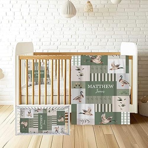 Personalized Mallard Baby Crib Bedding Set – Custom Name 3 Piece Nursery Set for Baby Girls and Boys, Soft Blanket, Fitted Crib Sheet & Pillowcase – Customized Infant & Toddler Nursery Gift