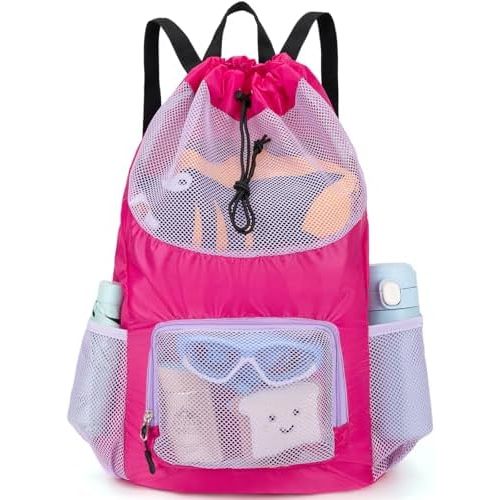 Swim Bag for Kids Mesh Beach Backpack for Boys Lightweight Drawstring Beach Bag Swimming Pool Sports Gym String Bag (Purple)
