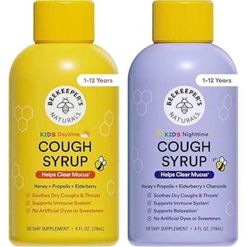 Beekeeper's Naturals Kids Honey Cough Syrup – Day & Night Value Pack – Immune Support with Elderberry, Vitamin C, D, Propolis & Raw Honey – Soothing, Clean Ingredients – Two Pack, 2 x 4 fl oz