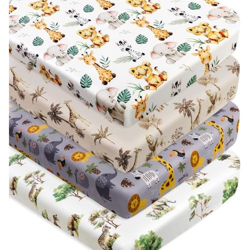 4 Pack Safari Jungle Animals Neutral Unisex Fitted Nursery Baby Sheets Set Toddler Mattress Sheets for Baby Boys or Girls (Crib Sheets)