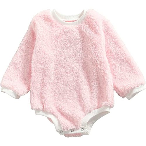 Baby Girl Boy Crewneck Fleece Sweatshirt Romper Oversized Sweater Long Sleeve Bodyusuit Warm Onesies Fall Winter Clothes - A-pink - 0-6 Months