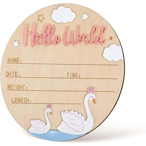 Birth Announcement Sign, 15cm/5.91in Wooden Hello World Newborn Sign Welcome Baby Board Baby Name Plaque for Home Hospital Photo Prop Nursery Decor (Swan Style)