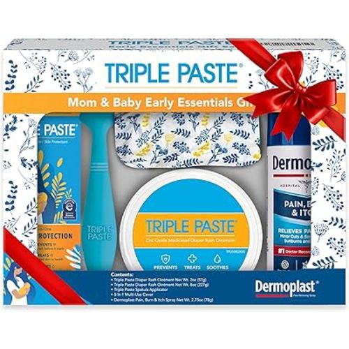 Triple Paste Mom & Baby Gift Set, New Baby Essentials Kit, 5-Piece—Diaper Rash Ointment 8oz Jar & 2oz Tube, Spatula Applicator, Dermoplast Spray, Multi-Use Cover, Mom Postpartum Essentials