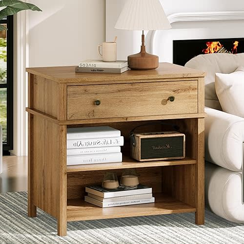 End Table with Drawer and 2 Tier Shelves, Wood Sofa Side Table for Living Room, Modern Nightstand Bedside Table for Bedroom, Small Console Table for Entryway, Hallway, Natural