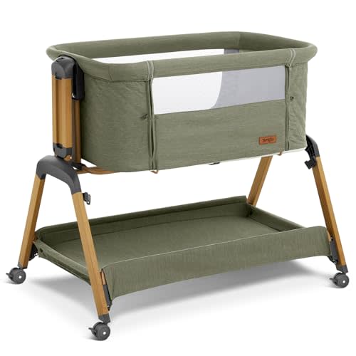 Jimglo 3 in 1 Baby Bassinet, Rocking Bassinets with Comfy Mattress and Wheels, Adjustable Height Bassinet Bedside Sleeper, Easy Folding Portable Crib for Newborn (Green)