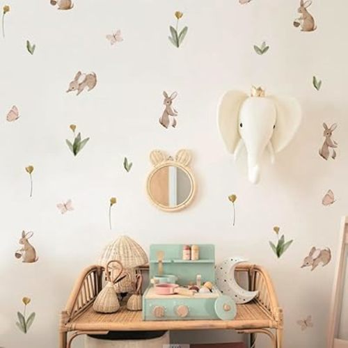 Summertime Watercolor Cute Bunnies and Flowers Nursery Wall Decal, Peel and Stick Reusable and Removable Kids Wall Stickers