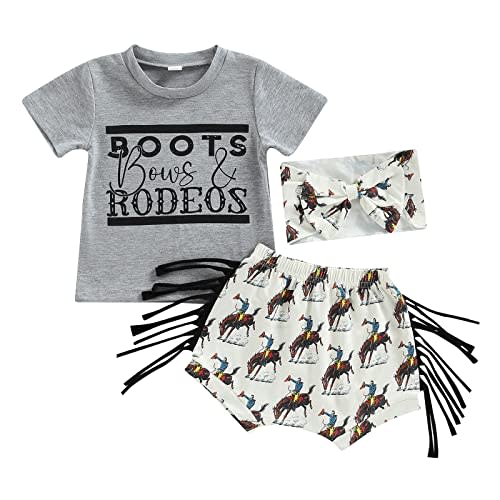 Fernvia Western Toddler Baby Girl Clothes Letter Short Sleeve T-Shirt Top + Tassel Shorts Outfits + Headband 3Pcs Set