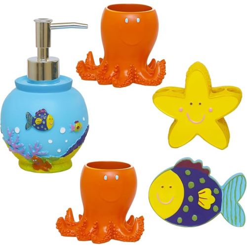 Decorative Bathroom Accessories Set, Vanity Organizers Including 2 Octopus Tumblers, 1 Clownfish Soap Dish, 1 Starfish Toothrush Holder and 1 Ocean Soap Dispenser