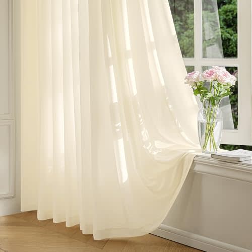 FMFUNCTEX Cream Sheer Curtains, 108 Inch, Rod Pocket, 2 Panels for Bedroom | Extra Long Semi Sheer Airy Drapes,Faux Silk That Let Light, Non-See-Through Light Filtering Privacy for Bedroom &Living Room
