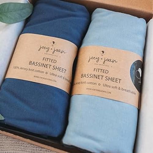 Bedside Sleeper Bassinet Sheets for 32 x 19 Inch Mattress Pad – Compatible with Ronbei, Pamobabe, Nordmiex Bassinet – 100% Jersey Cotton – Dusty Blue + Navy – 2 Pack