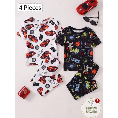 4-Piece Fitted Baby Boys Pajamas Featuring Short Sleeve Crew Neck Tops And Long Pants In Vibrant Red Black White Orange Neon Shades With Cartoon Dinosaur And Action Character Graphic Prints Crafted From Soft Skin-Friendly Knit Fabric For Cozy Casual All S