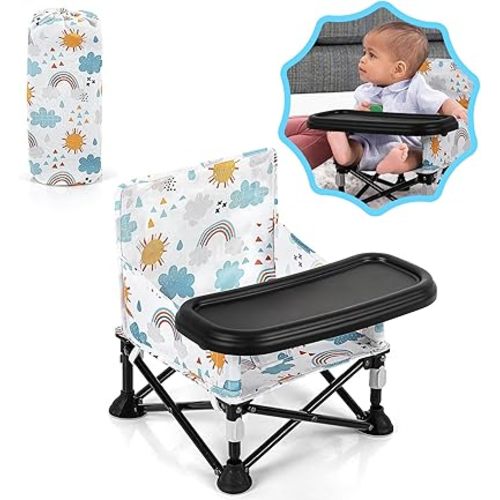Toddler Booster Seat for Kitchen Chair & Travel - Portable Foldable with Removable Tray, Baby Camping Chair 6-36 Months Indoor Outdoor (White Cloud Design)