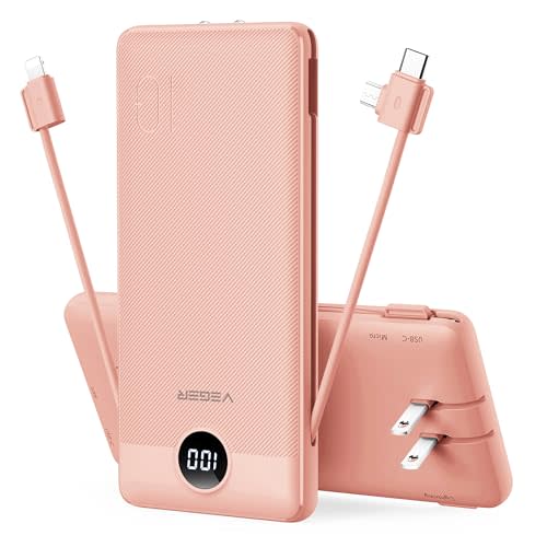 VEGER Portable Charger with Built-in AC Plug and Cables, All in One 10000mAh Ultra Slim Power Bank Travel Essentials, Fast Charging Battery Pack Compatible with iPhone, Samsung, More(Dark Pink)