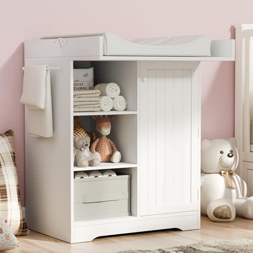 Gyfimoie Baby Changing Table with Foldable Tabletop, White Storage Cabinet with Shelf & Door Rack, Modern Diaper Changing Station with Storage, Perfect for Bedroom & Nursery (Pad Not Included)