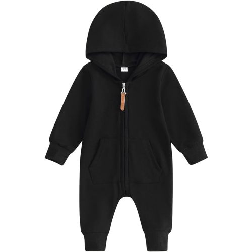 Gueuusu Newborn Baby Boy Girl Clothes Hooded Jumpsuit Solid Color Zip Up Long Sleeve Hoodie Romper Bodysuit Coverall Outfit