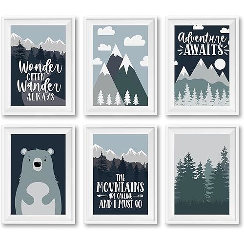 Hadley Designs 6 Woodland Nursery Wall Decor - Reversible Unframed Baby Boy Nursery Decor, Trees Decors for Boys Room, Woodland Wall Decors, Mountain Prints for Kids, Made in USA